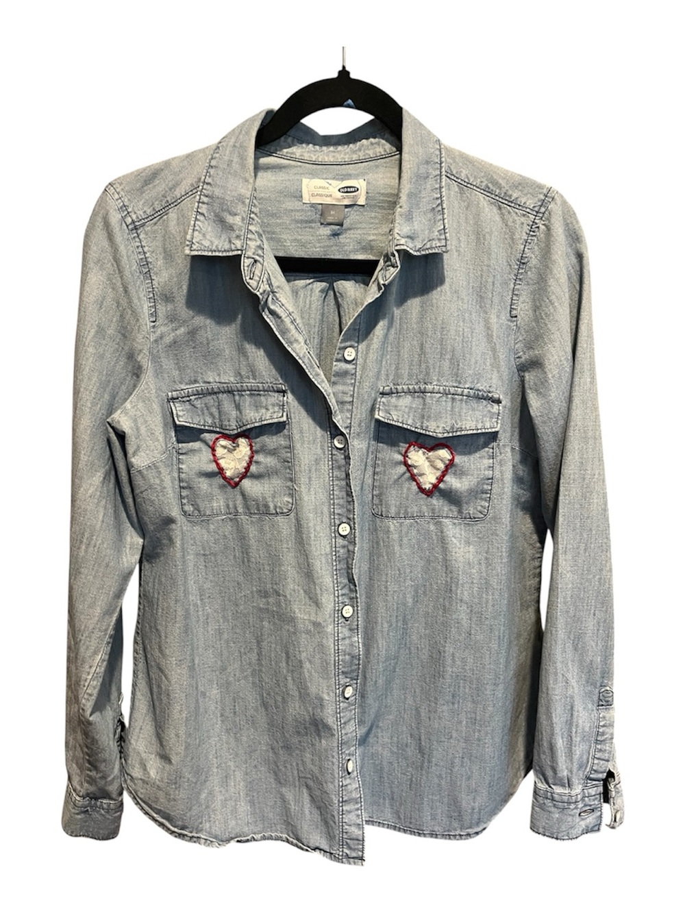 Women’s Light Blue Denim Button-Down Shirt with Heart Pockets